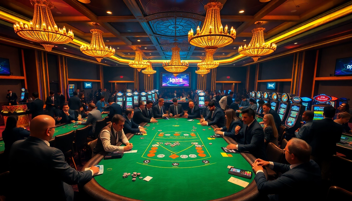 A thrilling poker scene at KP88 casino with excited players, professional dealers, and vibrant lights.