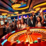 Người chơi hào hứng ăn mừng chiến thắng tại casino sôi động của LUCK8, nổi bật với máy đánh bạc và bàn roulette.