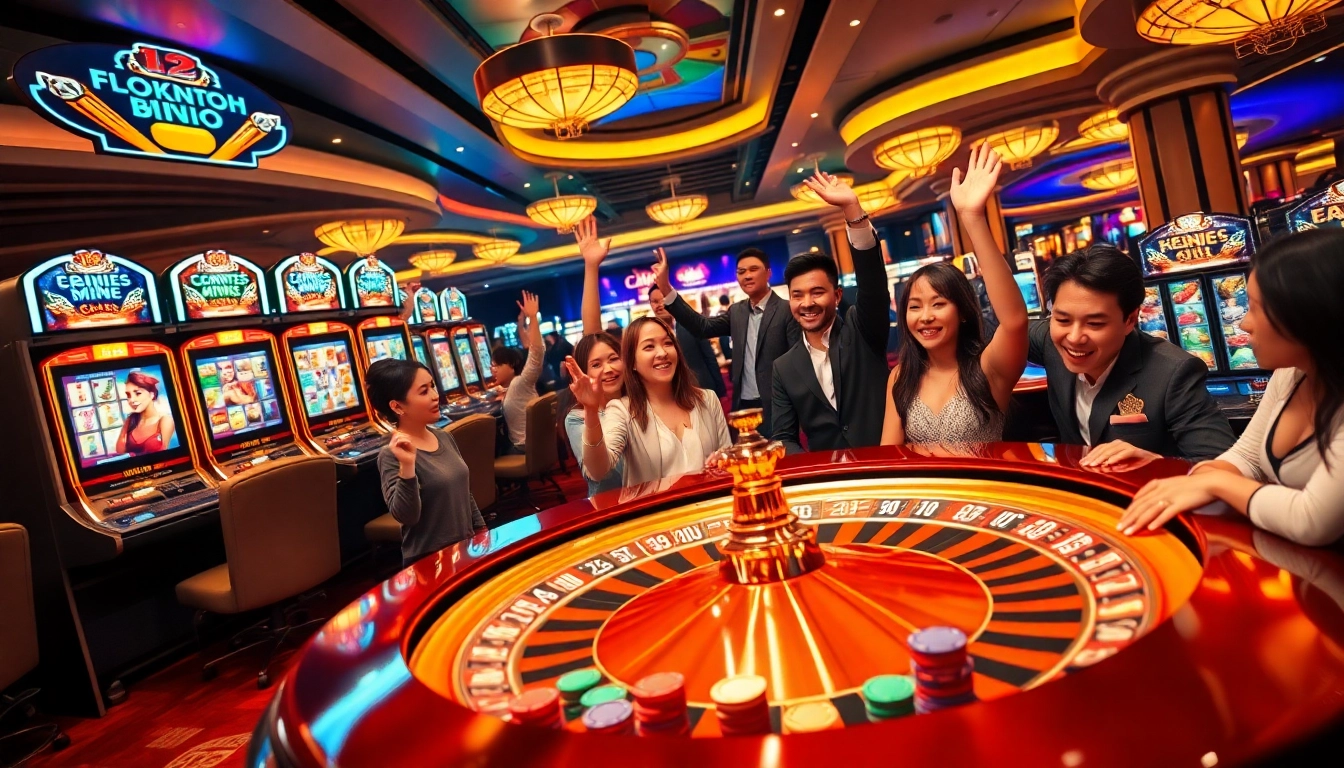 Người chơi hào hứng ăn mừng chiến thắng tại casino sôi động của LUCK8, nổi bật với máy đánh bạc và bàn roulette.