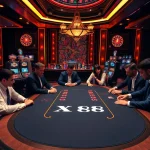 Exciting poker game at a luxurious casino featuring XX88 branded chips and cards.