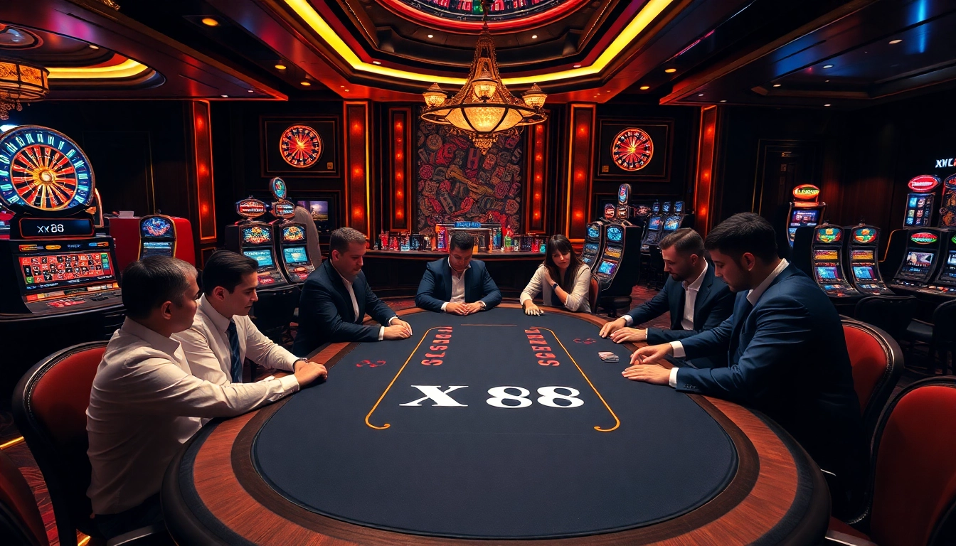 Exciting poker game at a luxurious casino featuring XX88 branded chips and cards.