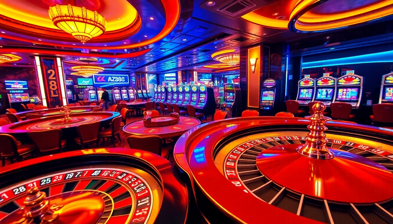 Experience luxury and excitement at AZ88 casino with vibrant gaming tables and neon lights.