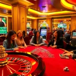 Experience thrilling gameplay at RR88 with a vibrant casino scene featuring roulette, poker tables, and enticing slot machines.