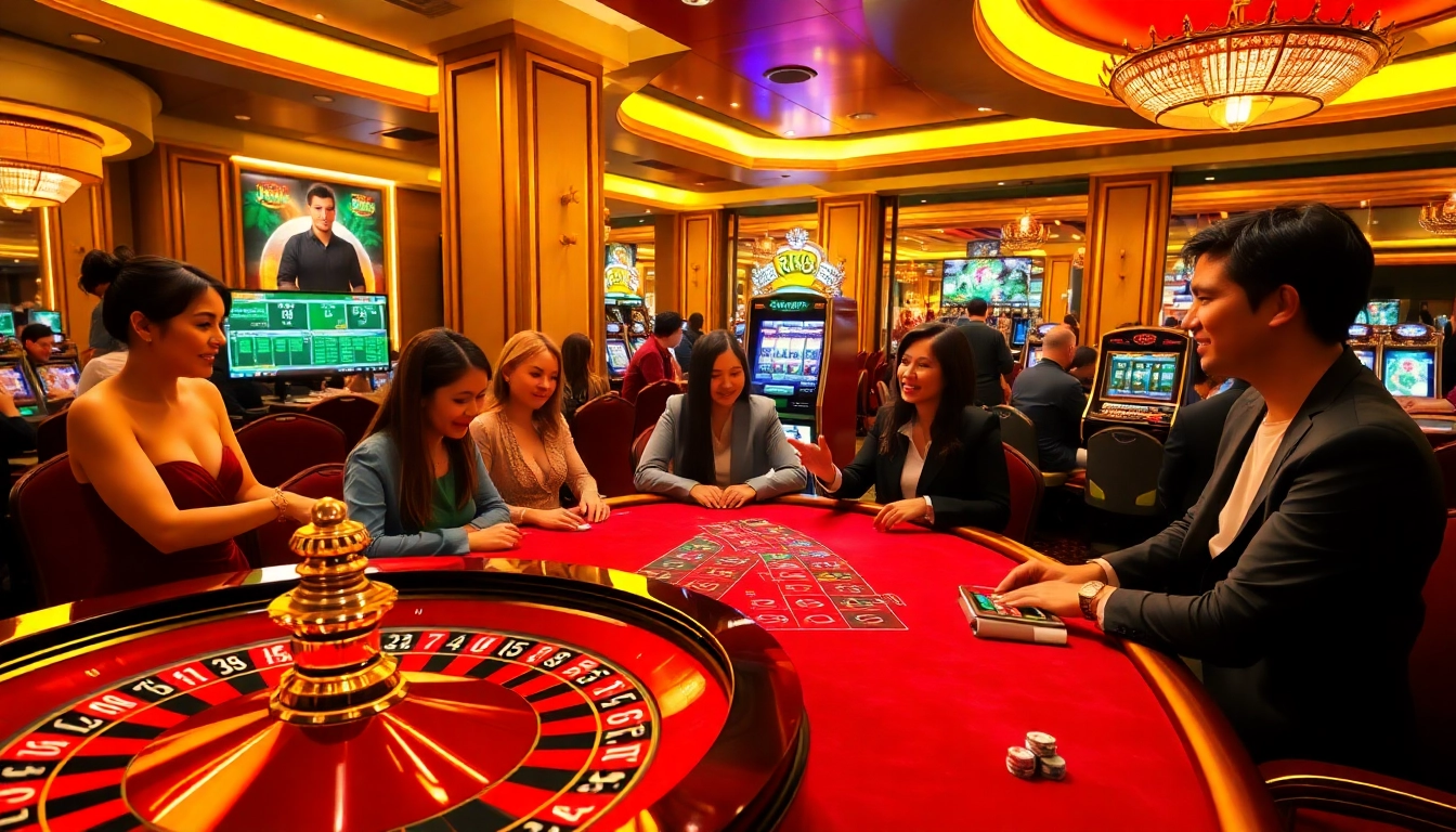 Experience thrilling gameplay at RR88 with a vibrant casino scene featuring roulette, poker tables, and enticing slot machines.