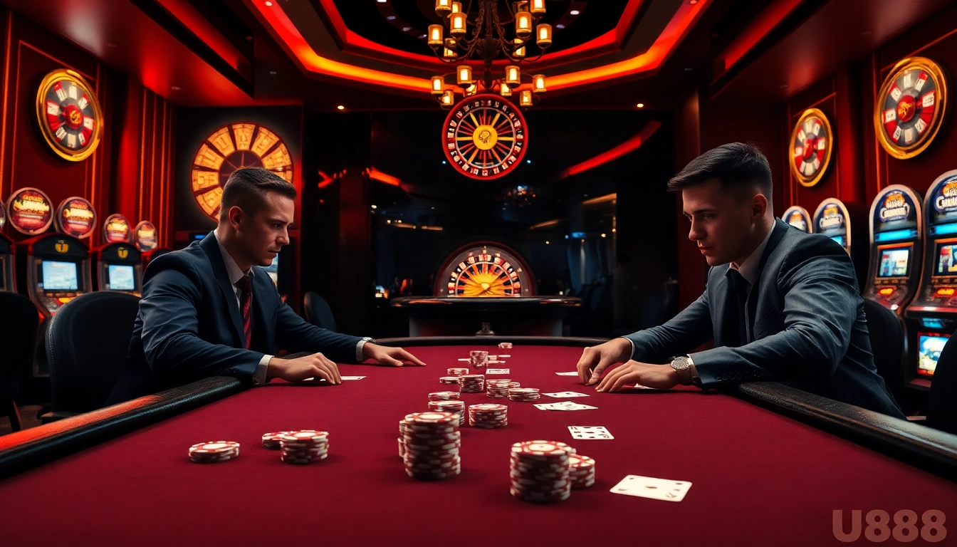High-stakes poker action at U888 casino, featuring elegant players and luxurious tables.