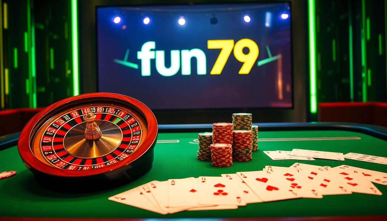 A thrilling casino scene highlighting fun79 com with poker chips, cards, and roulette.