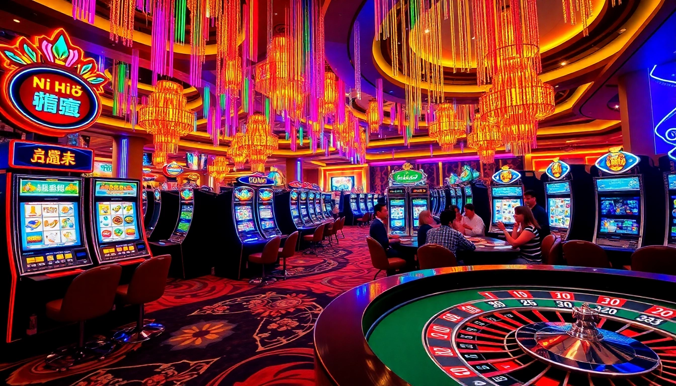 Experience the thrill of nổ hũ as players engage with vibrant slot machines in a captivating casino.