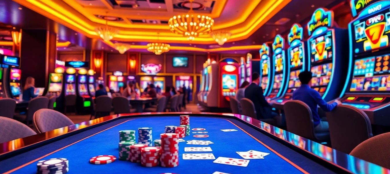 Catching thrilling moments at cổng game 789club with vibrant slots, poker chips, and players immersed in gaming.