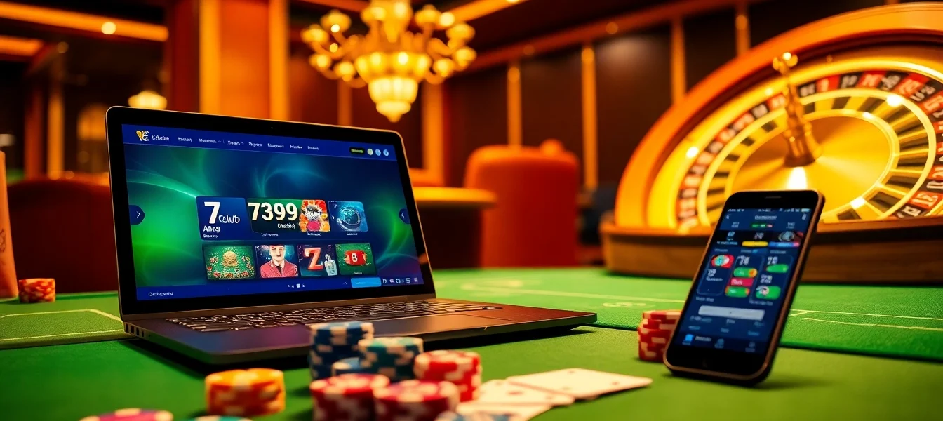 Cổng game 789club showcasing an engaging online casino scene with poker chips and cards