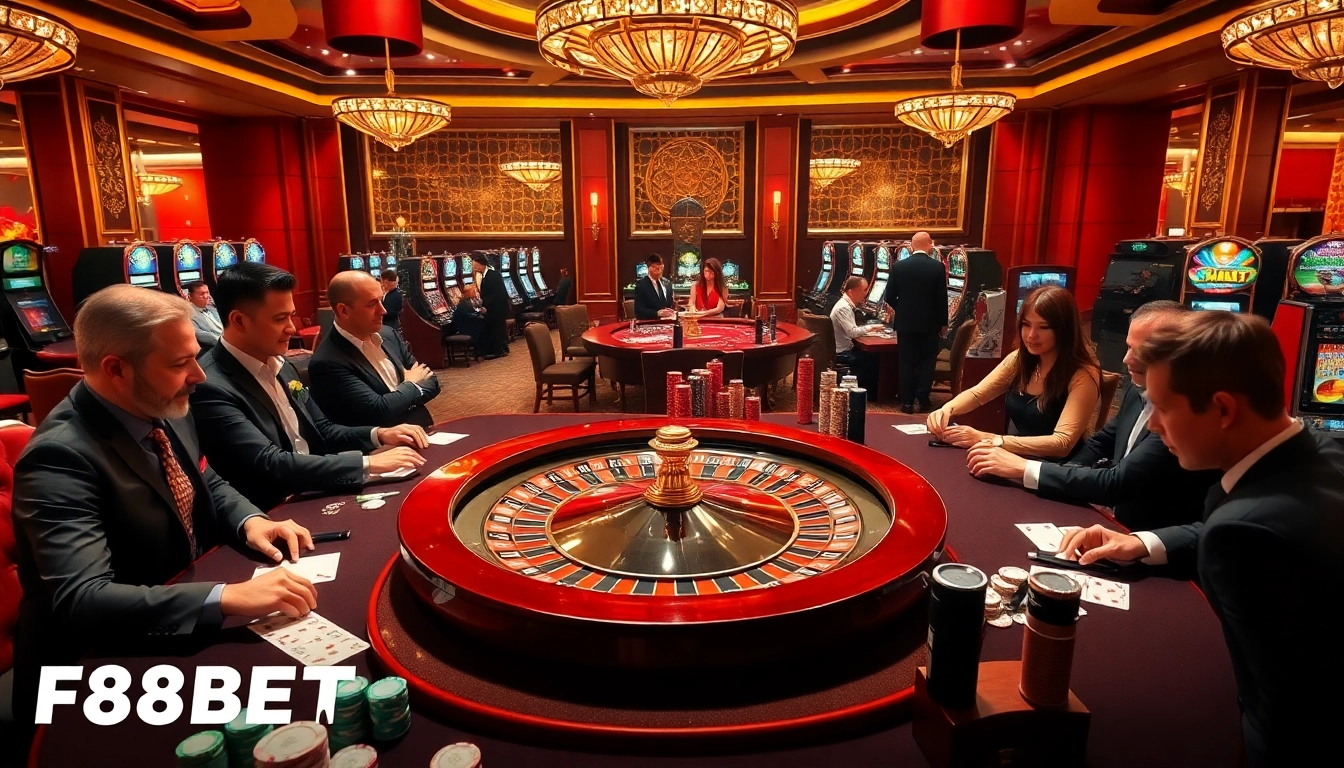 Action-packed casino atmosphere featuring F88BET roulette, poker chips, and excited players.