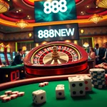 Experience the thrill of 888NEW at a lively casino filled with poker chips and roulette.