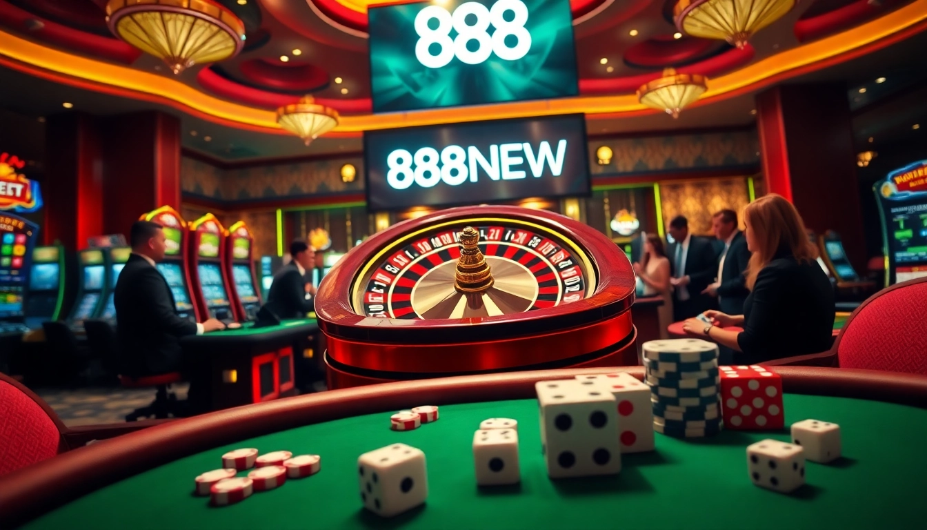 Experience the thrill of 888NEW at a lively casino filled with poker chips and roulette.