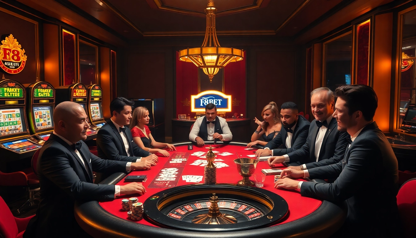 Players enjoying a high-stakes poker game at F8 BET casino, showcasing excitement and luxury.