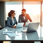 Der Headhunter Ingenieure berät einen Ingenieur in einem modernen Büro, um Karrierechancen zu fördern.