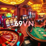 Vibrant casino atmosphere showcasing 69VN with players enjoying a thrilling blackjack game and lively slot machines.