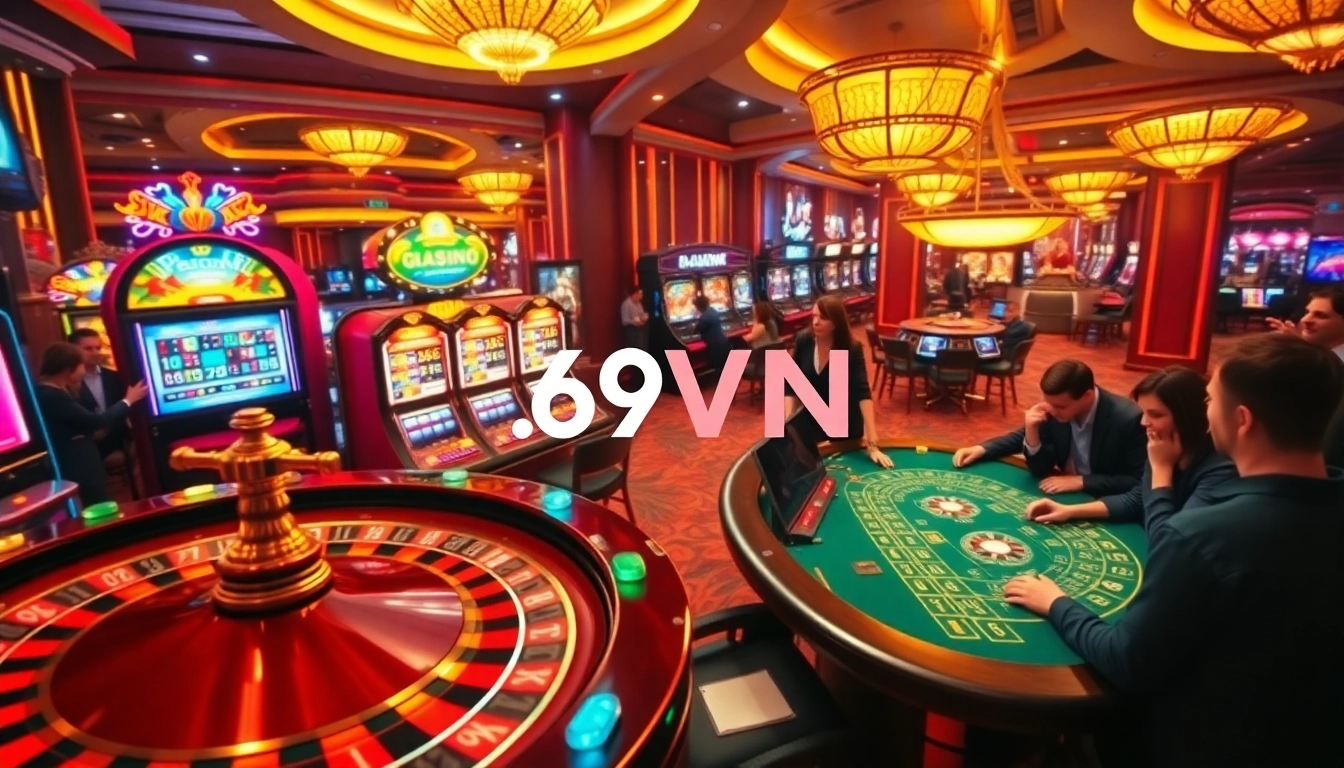 Vibrant casino atmosphere showcasing 69VN with players enjoying a thrilling blackjack game and lively slot machines.