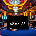 Xocdia88's vibrant casino scene features poker tables and luxurious slot machines, showcasing an exciting gaming atmosphere.