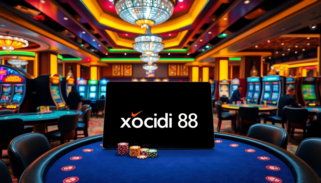 Xocdia88's vibrant casino scene features poker tables and luxurious slot machines, showcasing an exciting gaming atmosphere.
