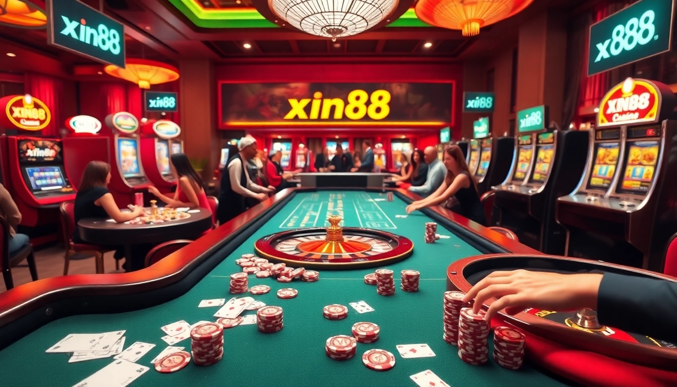Players enjoying a thrilling game of poker at xin88 casino, surrounded by colorful chips and cards.