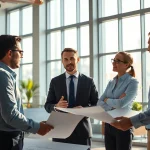 Headhunter Ingenieure in einem modernen Bürobesprechung mit technischen Zeichnungen und Blaupausen.