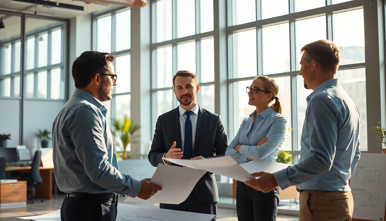 Headhunter Ingenieure in einem modernen Bürobesprechung mit technischen Zeichnungen und Blaupausen.