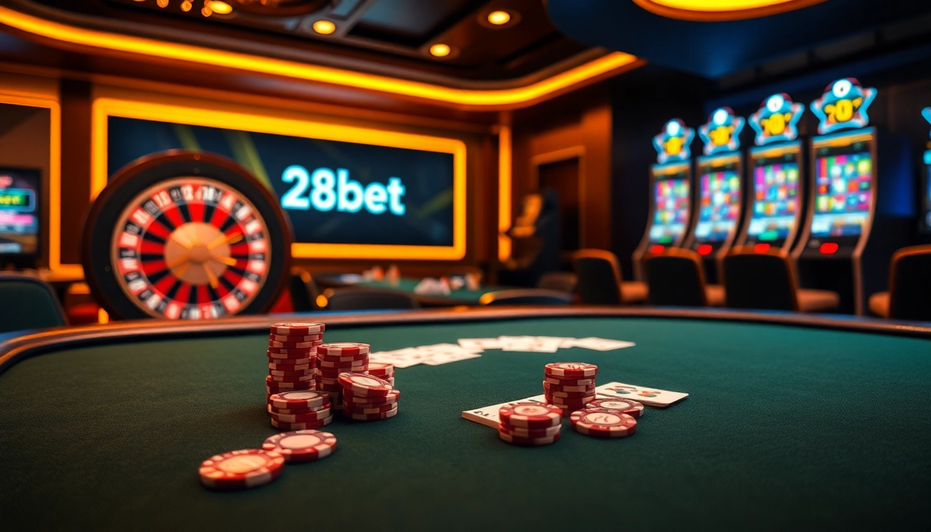 Experience thrilling gameplay at 28bet with vibrant poker and roulette tables in a luxurious casino setting.