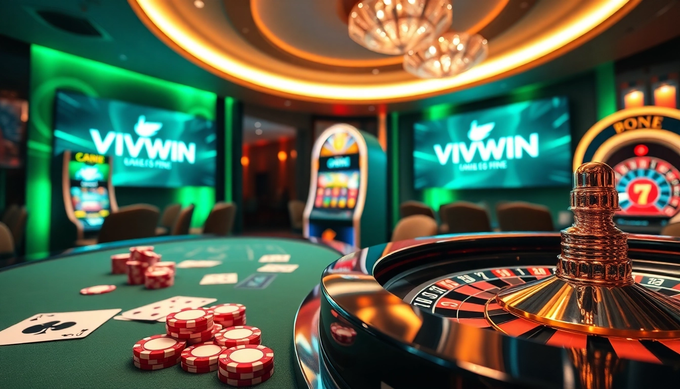 Experience thrilling online gambling with VVVWIN's luxurious gaming table, poker chips, and slot machine.