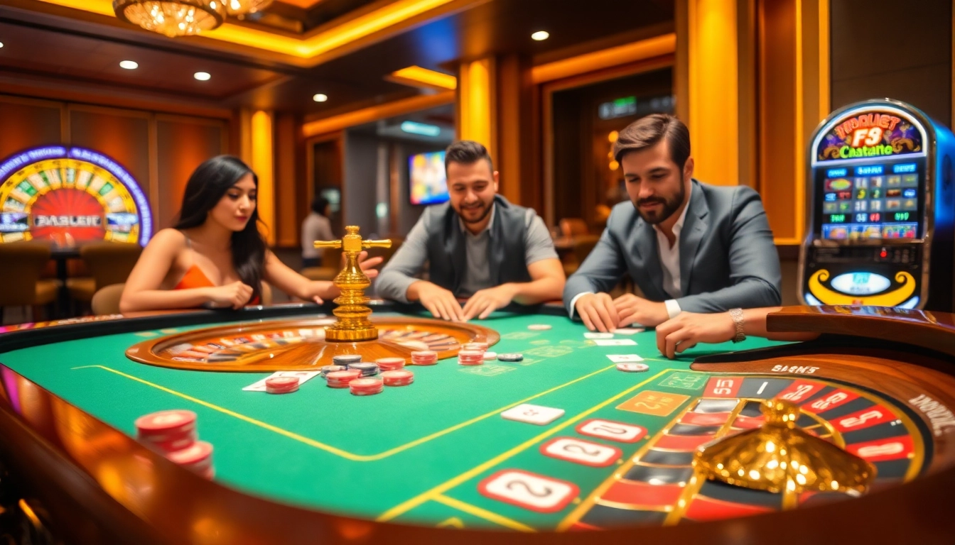 Engaging players at the F8BET casino table showcasing vibrant chips and cards.