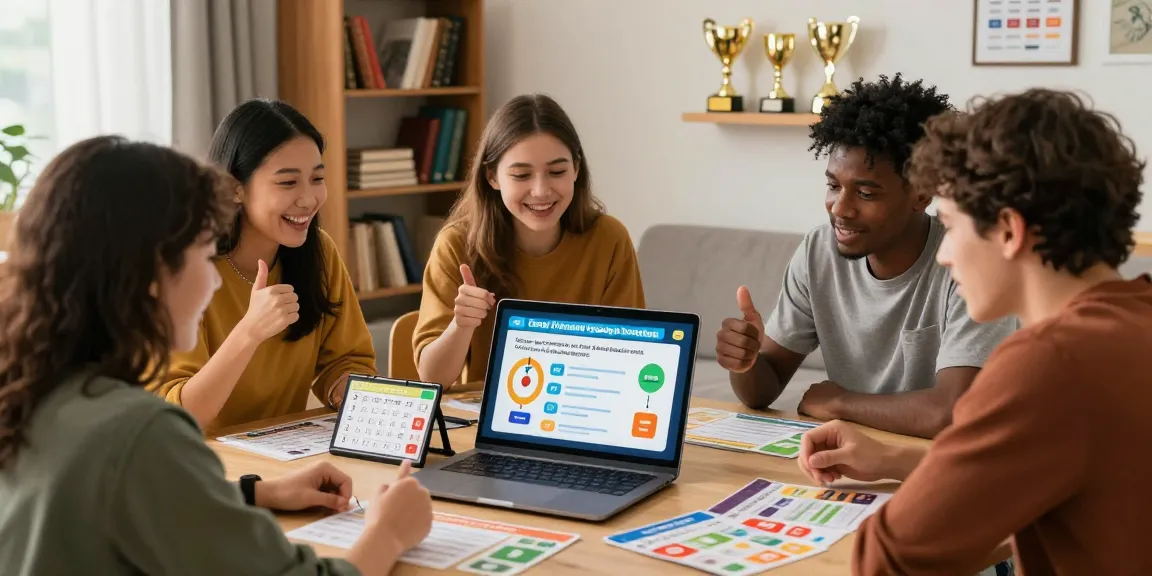 Engaging group of friends enjoying an interactive Quiz Allgemeinwissen session in a cozy living room.