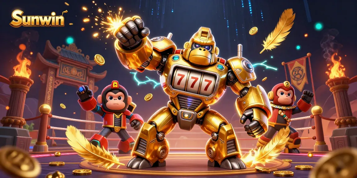 Engage in thrilling gaming with Sunwin’s dynamic 3D casino illustration featuring a golden gorilla mech.