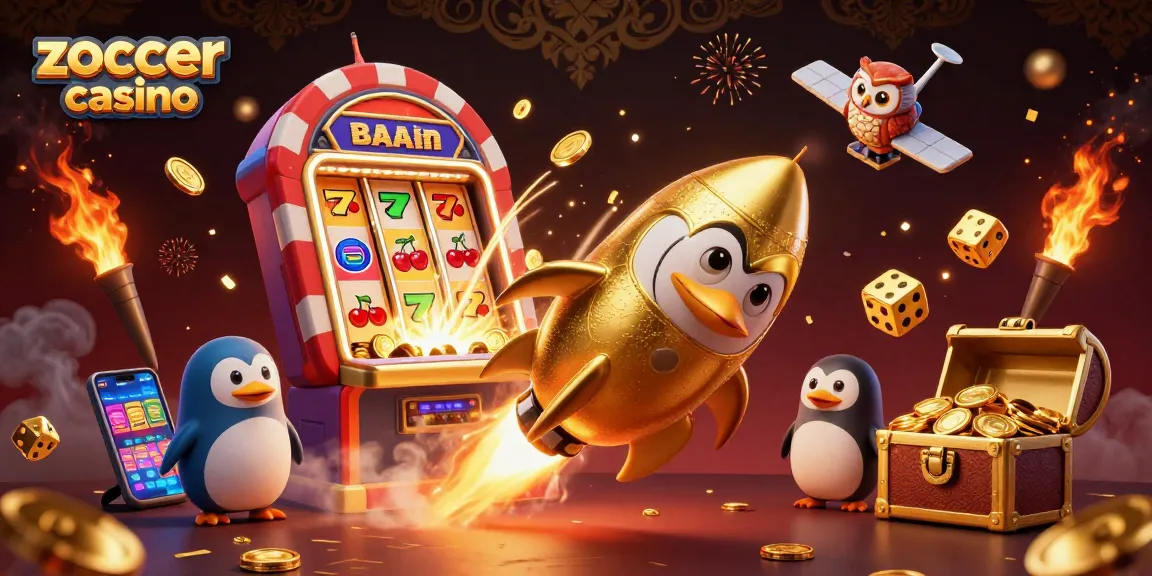 Zoccer casino showcases a golden penguin in a vibrant casino-themed space scene, emphasizing dynamic gaming excitement.