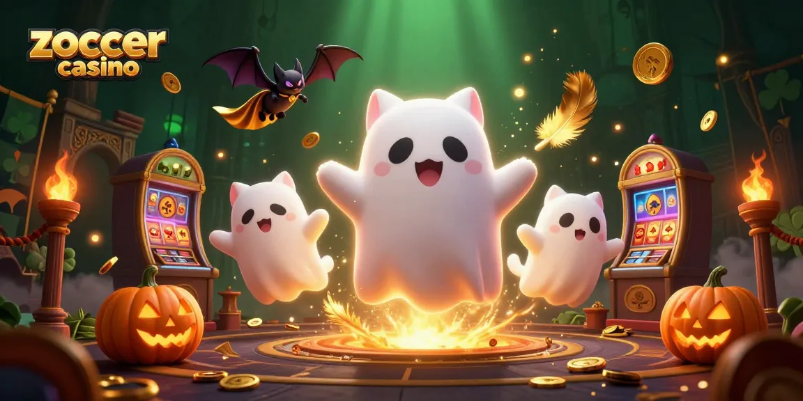 Zoccer casino ghost cat and bat explore a vibrant haunted casino scene filled with glowing pumpkins