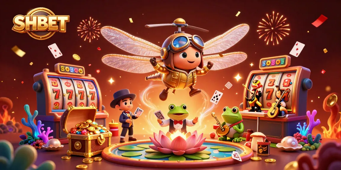 Win big at SHBET with a vibrant 3D casino scene featuring dragonfly pilot and frog croupier.