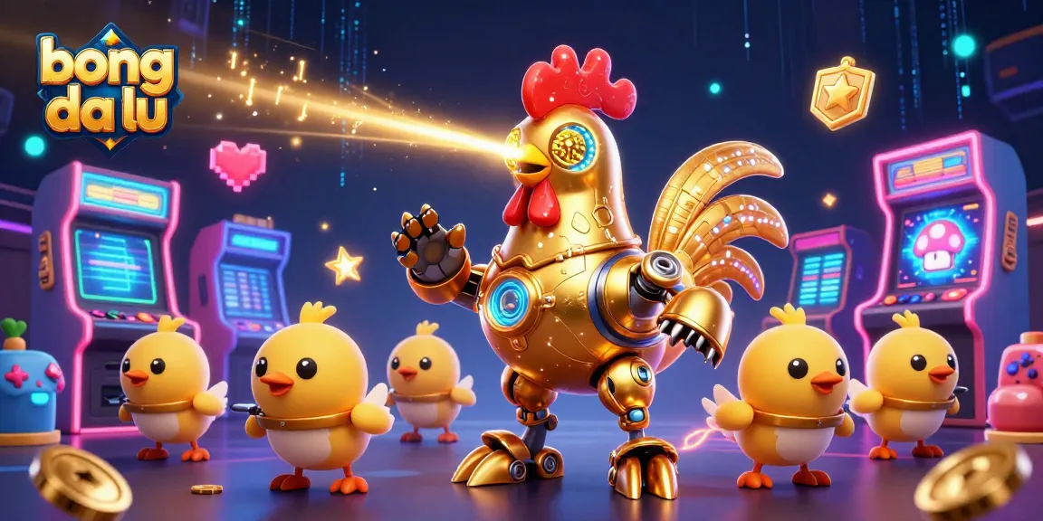 Bong da lu reveals a dynamic scene with a golden rooster robot and chick drones in an arcade-themed casino setting.