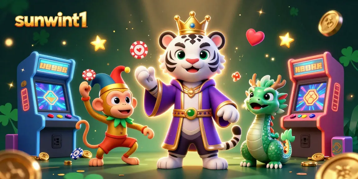 Experience thrilling casino excitement at sunwint1 with a vibrant scene featuring a white tiger, golden monkey, and jade dragon.